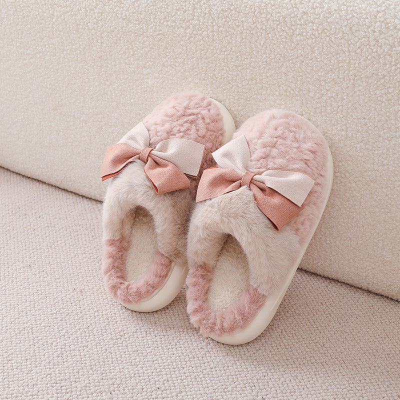 Cute Home Indoor Floor Plush Bow Cotton Slippers Women