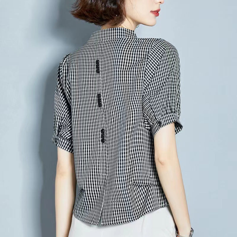 Women's Short-sleeved Plaid Chiffon Shirt Niche Design V-neck Belly-covering Coat