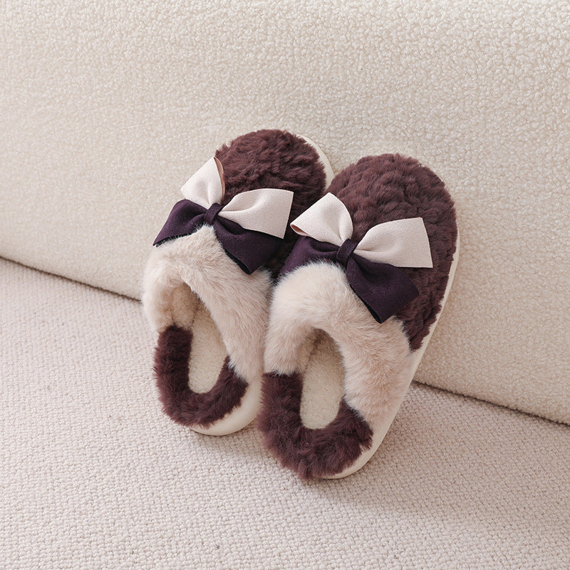 Cute Home Indoor Floor Plush Bow Cotton Slippers Women