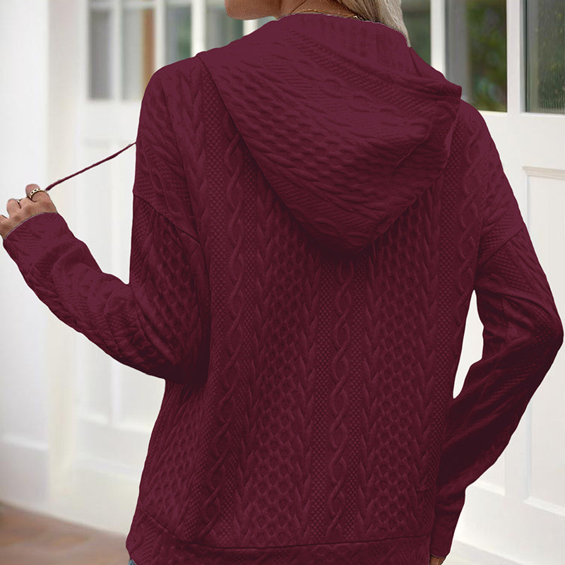 Women's V-Neck Solid Textured Long Sleeve Hoodie With Button Front & Kangaroo Pocket - Drawstring Hood Casual Pullover