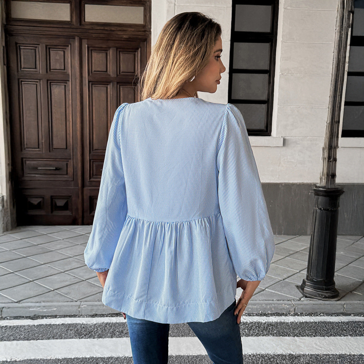 Elegant Striped Long Sleeve Tied T-shirt Shirt Women's Clothing