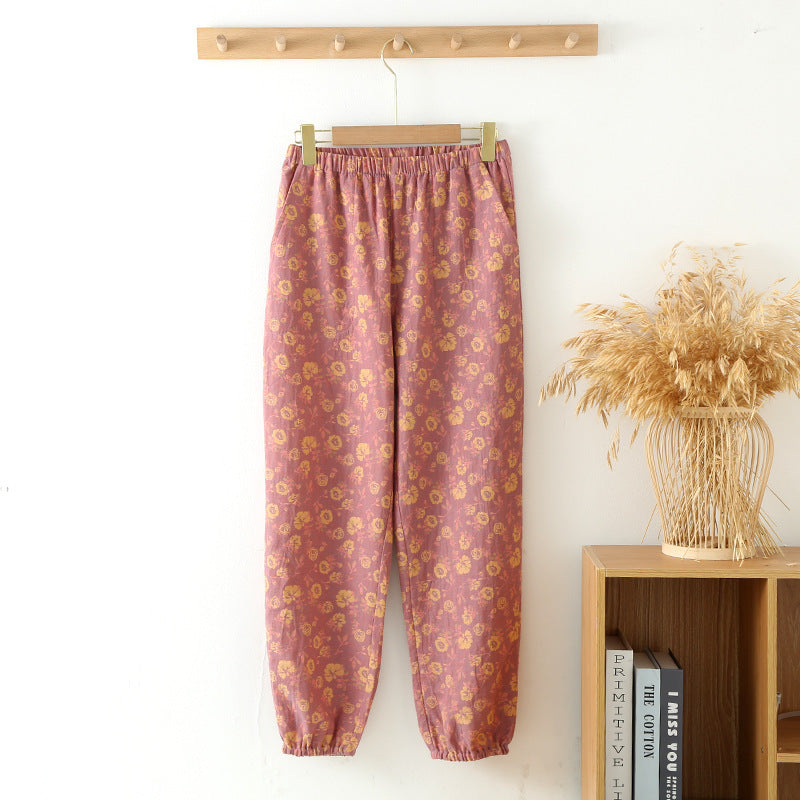 Spring And Autumn Yarn-dyed Pure Cotton Home Trousers For Women