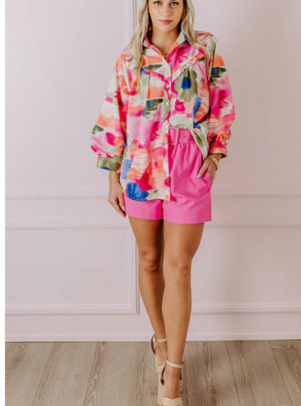 Rose Abstract Print Ruffled Puff Sleeve Shirt