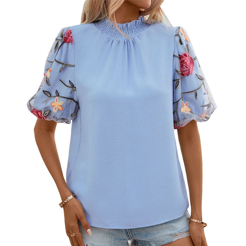 Embroidered Mesh Stitching Short-sleeved Shirt