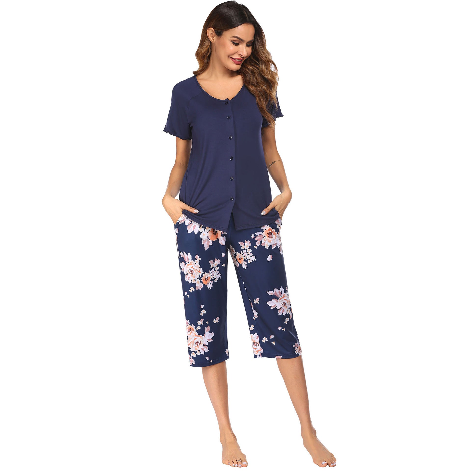 Women Home Cotton-like Printed Short-sleeved Cropped Pants Women's Pajama Suit