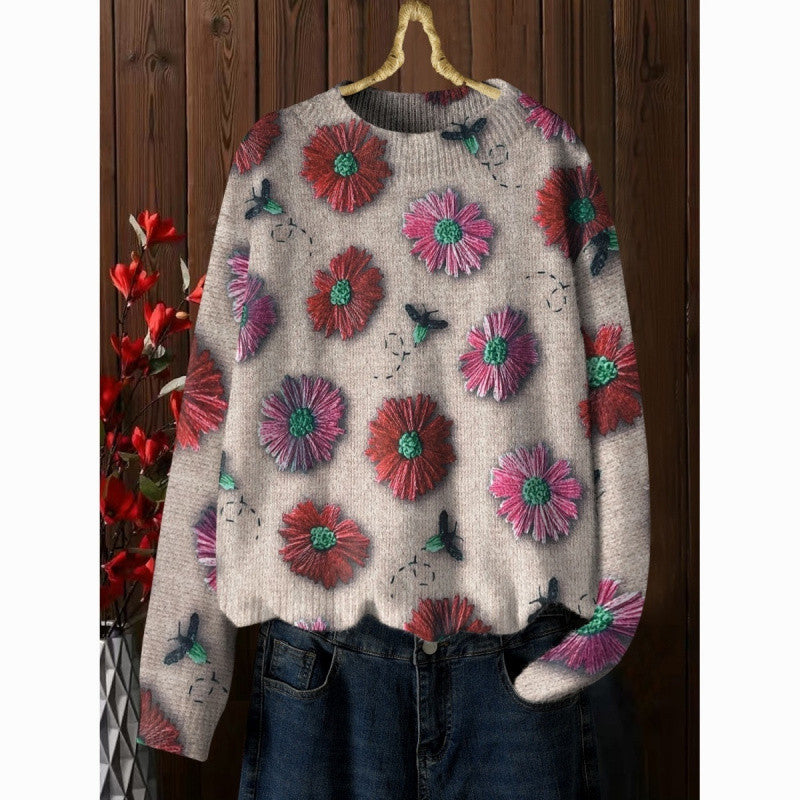 Western Style Beautiful Design Loose Slimming Printed Sweater Niche Fashion