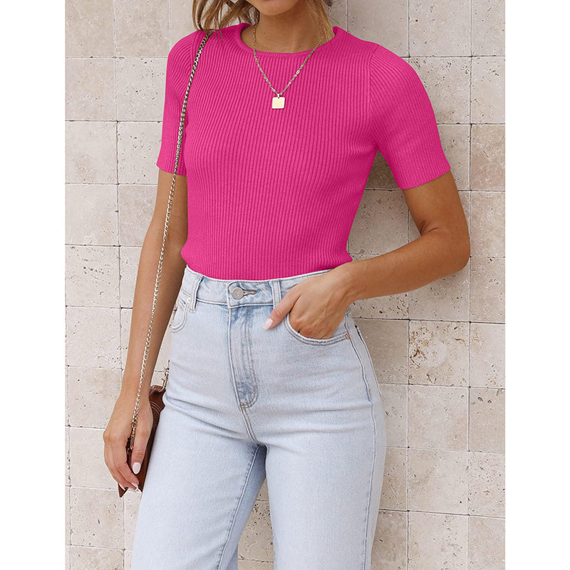 Womens Short Sleeve Shirts Crewneck Ribbed Knit Slim Fitted T-Shirt Summer Basic Tee Tops
