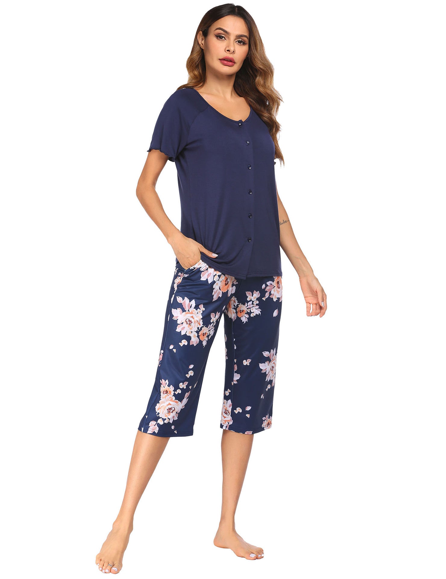 Women Home Cotton-like Printed Short-sleeved Cropped Pants Women's Pajama Suit