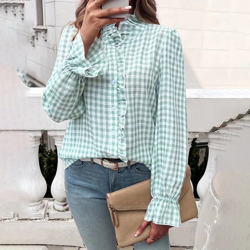 Women's French Style Checkered Button-Up Shirt - Elegant Plaid Pattern, Stand Collar With Ruffled Cuffs, Comfortable Wear
