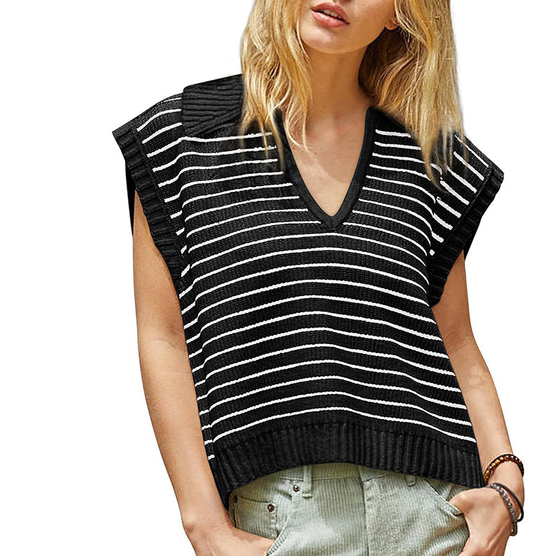 Women's V Neck Cap Sleeve Sweater Vest Sleeveless Collared Striped Knit Tank Tops