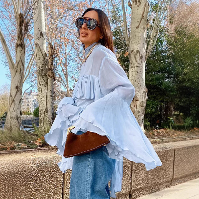 Blue Bell Sleeve Ruffle Blouse
