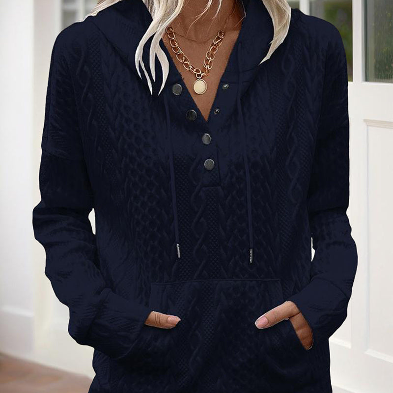 Women's V-Neck Solid Textured Long Sleeve Hoodie With Button Front & Kangaroo Pocket - Drawstring Hood Casual Pullover