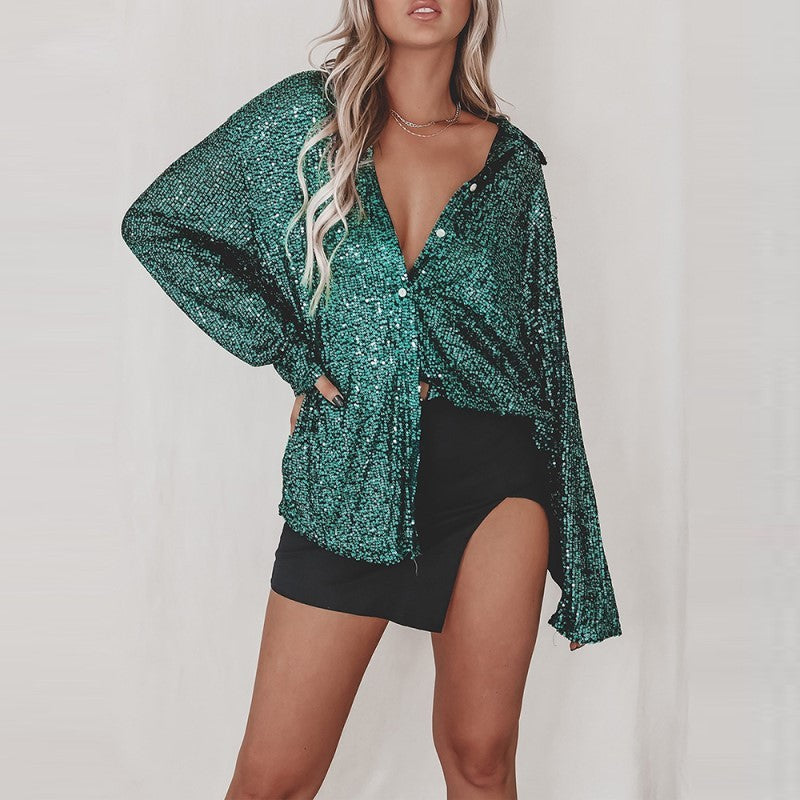 Elegant Women's Sequin Shirt - Stylish Long Sleeve Button-Up Blouse With Glitter Details, Perfect For Party & Casual To Formal Wear