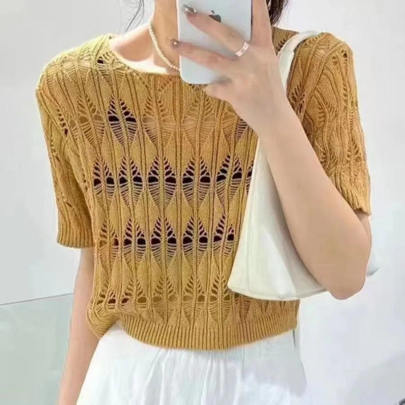 Hollow-out Ice Silk Sweater Short Sun-drying Shirt Top Short Sleeve