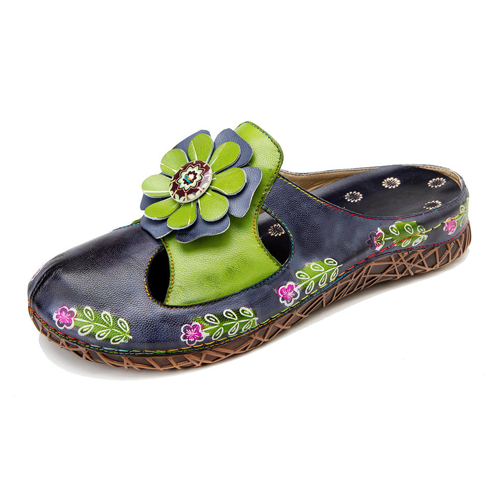 European And American Flat Bottom Flower Daily Home Leisure Half Slippers Women