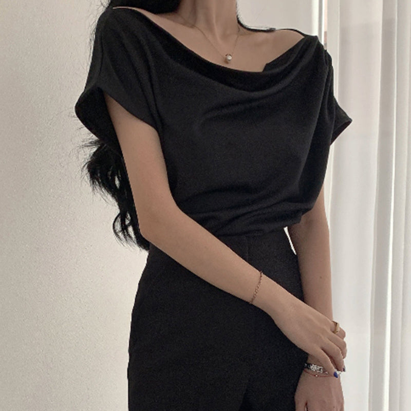 Off-shoulder Collar Design Loose Casual Short Sleeve Shirt Top