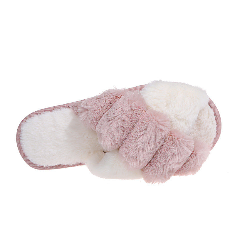 Cross-strap Furry Slippers Home Flat Indoor Floor Bedroom House Shoes Women
