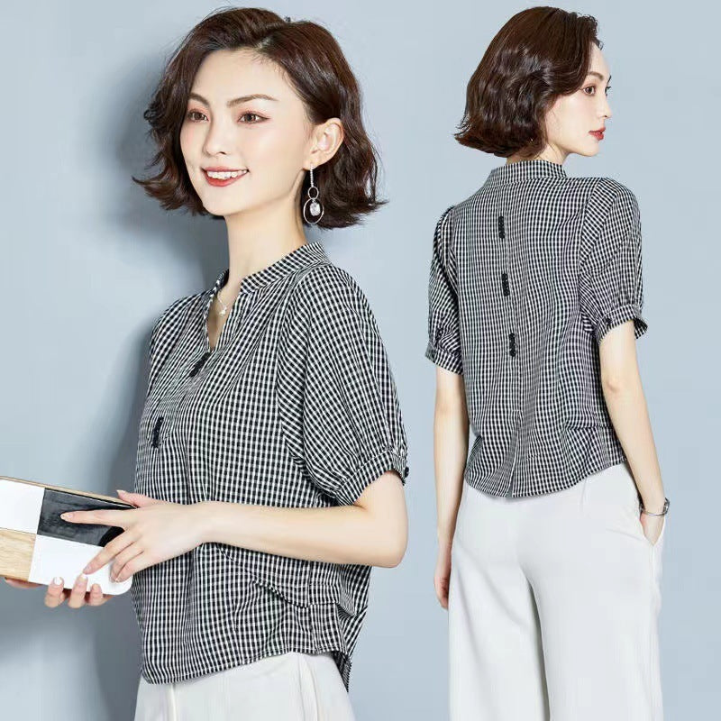 Women's Short-sleeved Plaid Chiffon Shirt Niche Design V-neck Belly-covering Coat