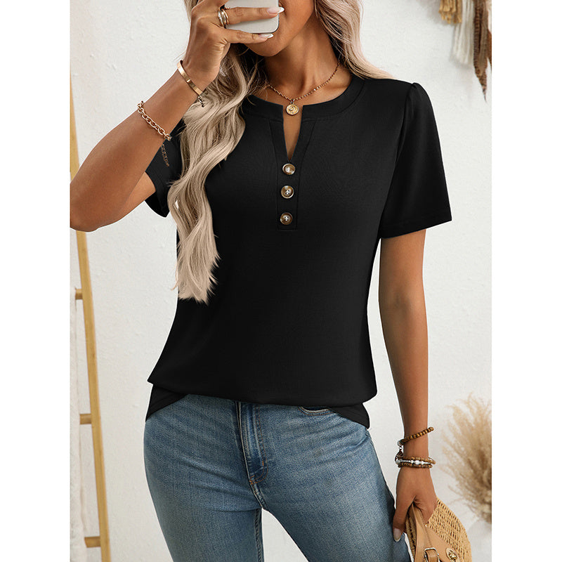 Womens Notch V Neck Shirts Short Sleeve Button T Shirts Summer Dressy Casual Tunic Tops