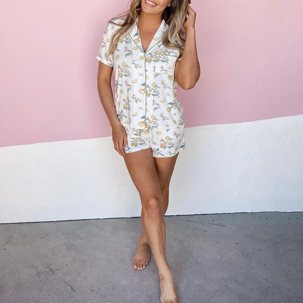 Printed Cardigan Short Sleeve Single-breasted Casual Suit Home Pajamas For Women