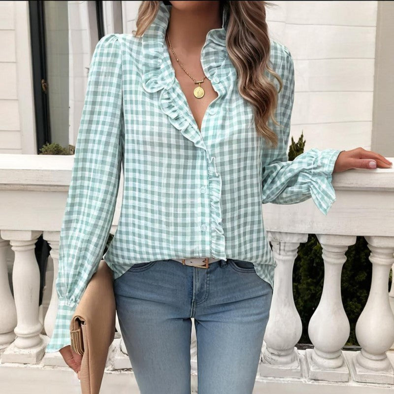 Women's French Style Checkered Button-Up Shirt - Elegant Plaid Pattern, Stand Collar With Ruffled Cuffs, Comfortable Wear