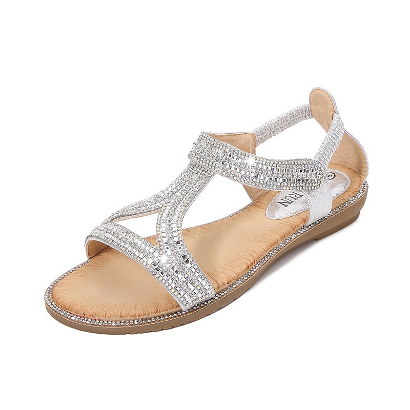 Bohemian Style Women's Shoes Hollow Out Flat Rhinestone Sandals