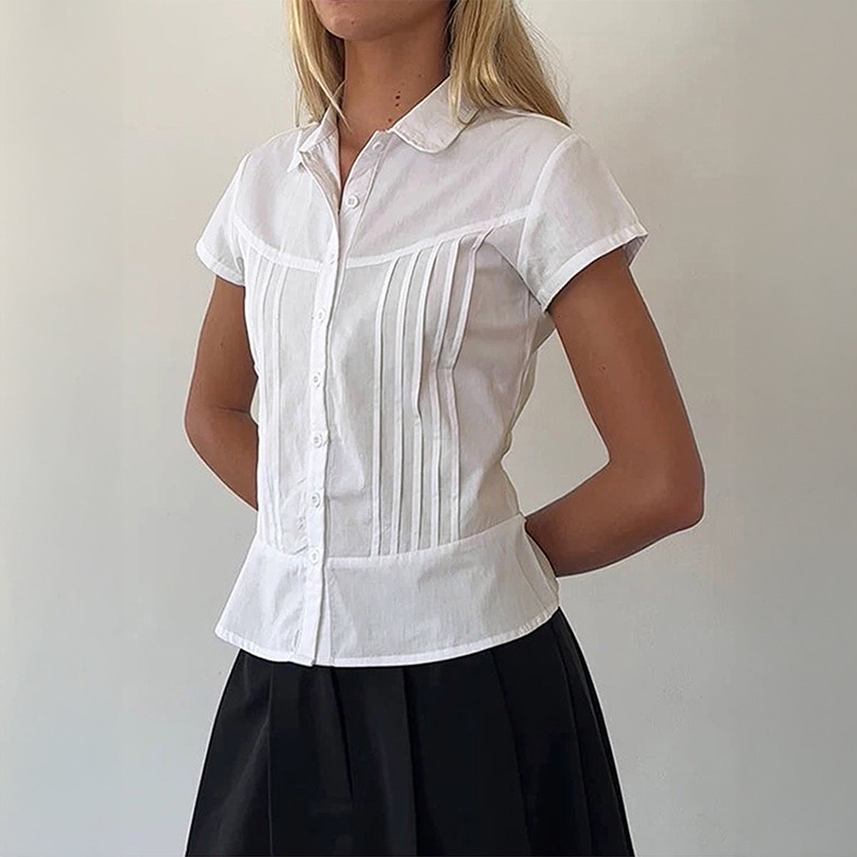 Casual Waist Tight Solid Color Short-sleeved Shirt Pleated Shirt Women's Clothing