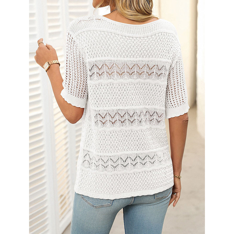 Women's Short Sleeve Sweater Tops Casual Crew Neck Crochet Knit Trendy Hollow Out Blouse T Shirts