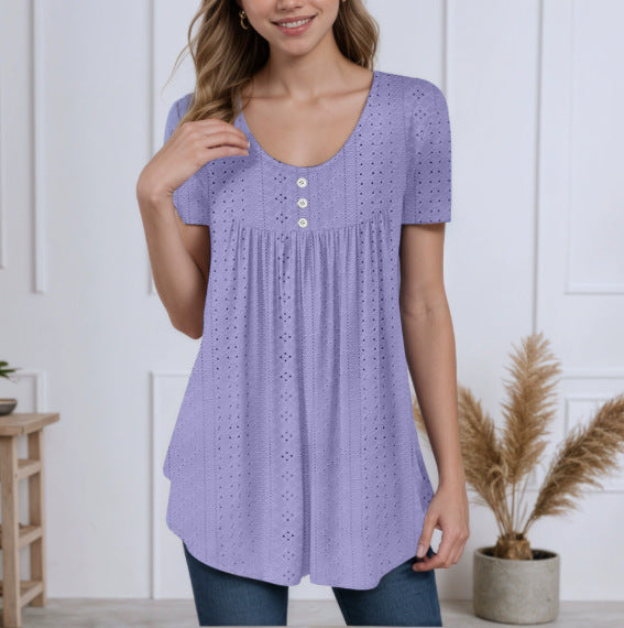 Summer New Round Neck Short Sleeve Top Loose Solid Color Hollow T-shirt
