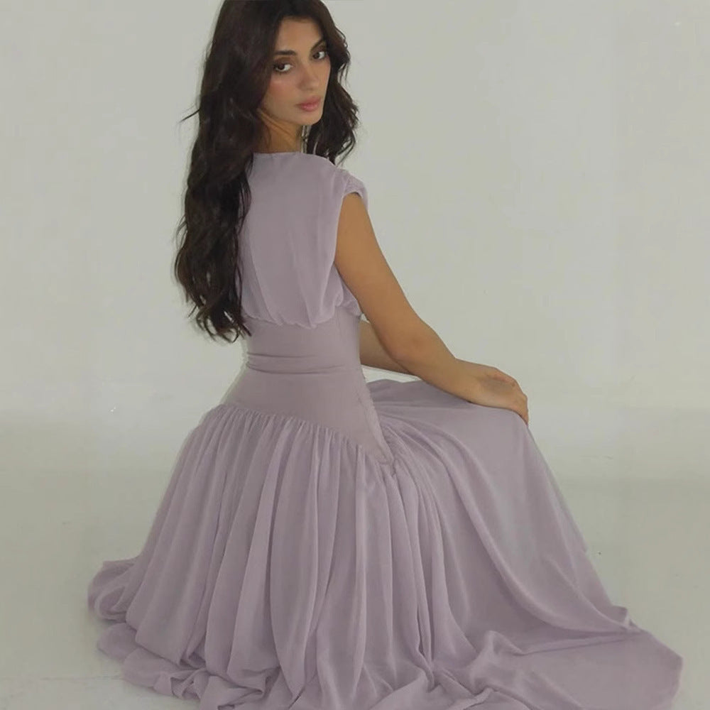 Purple Temperament Pleat And Waisted Off-neck Dress