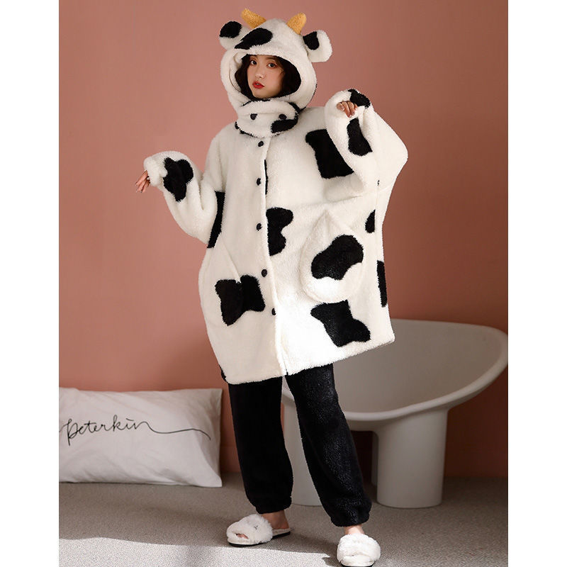 Cute Cow Pajamas Women Autumn And Winter Coral Fleece Long Thickening Home Service