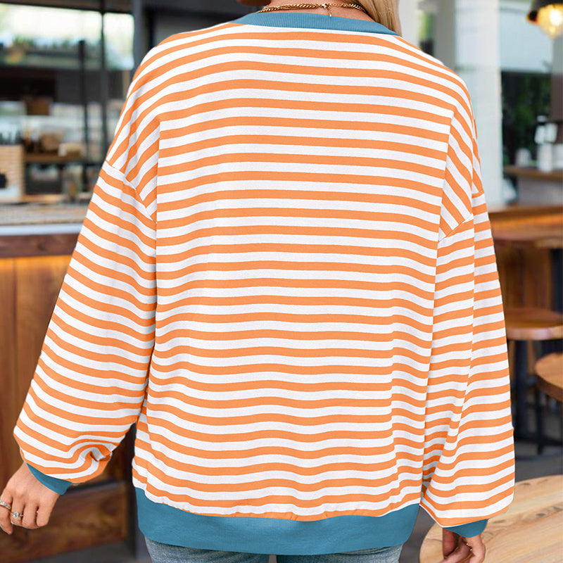 Women's Casual Crewneck Striped Long Sleeve Sweatshirt - Comfortable Loose Fit Ribbed Knit Top For Spring&Fall