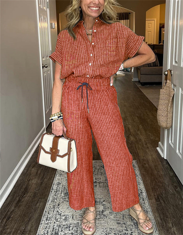 Women's Striped Suit Lapel Short Sleeve Straight Idle Style Trousers