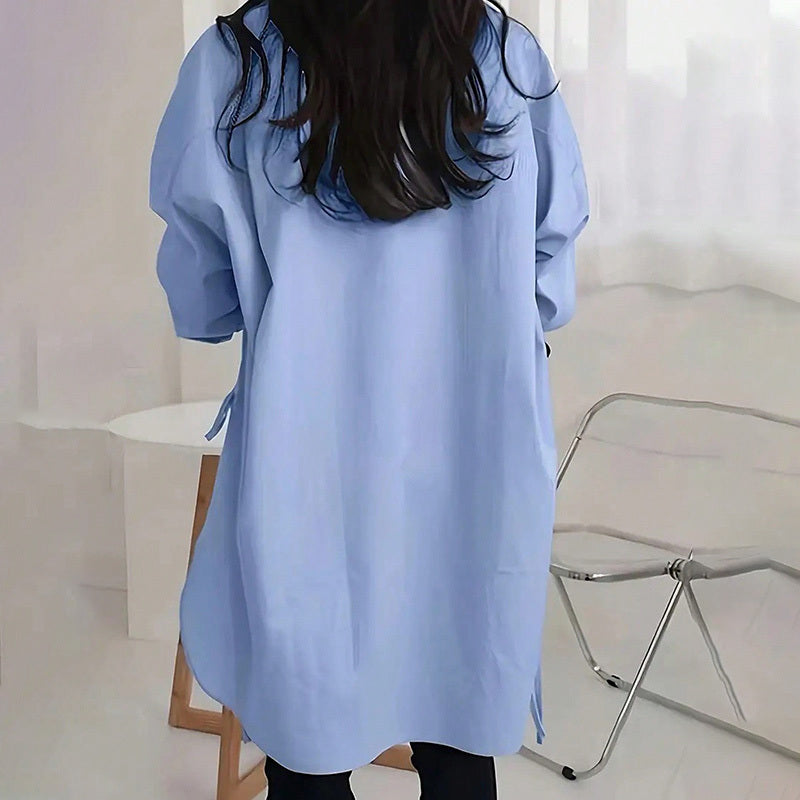Women's Casual Loose-Fit Long Sleeve Shirt - Side Slit Tie Detail Button-Down Blouse, Solid Color Spring&Fall Top