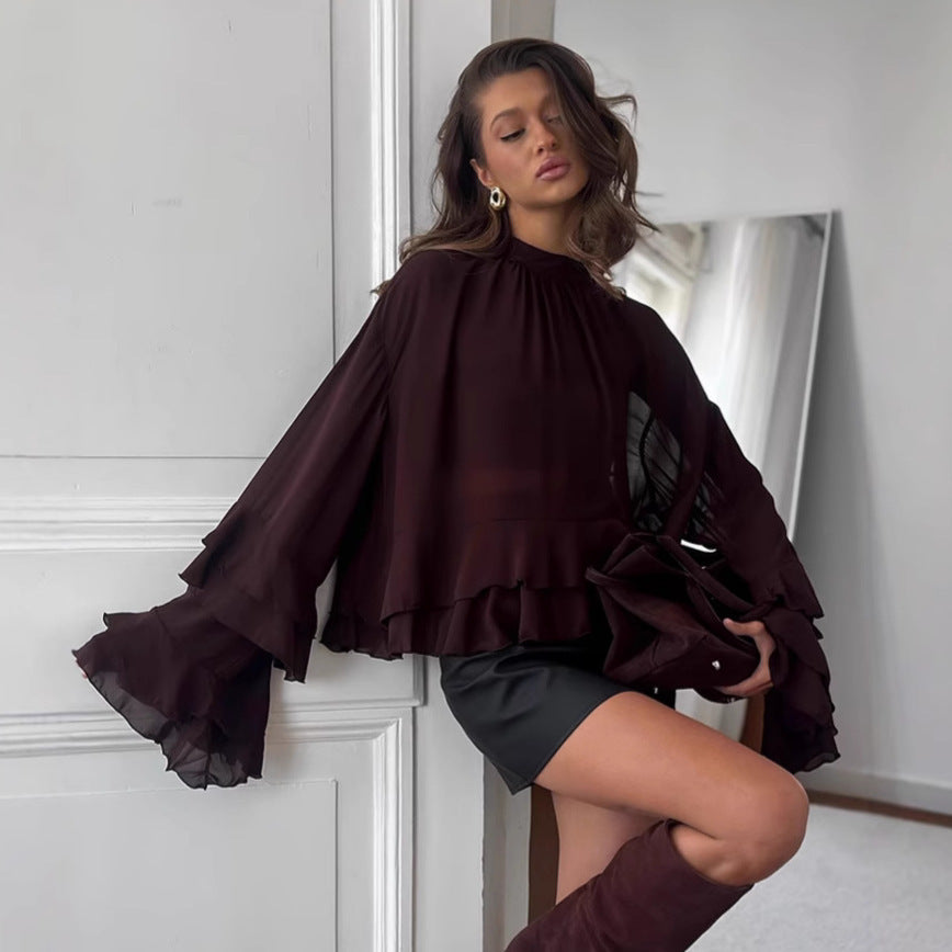 Brown Ruffled Chiffon Lace Stand Up Collar Shirt