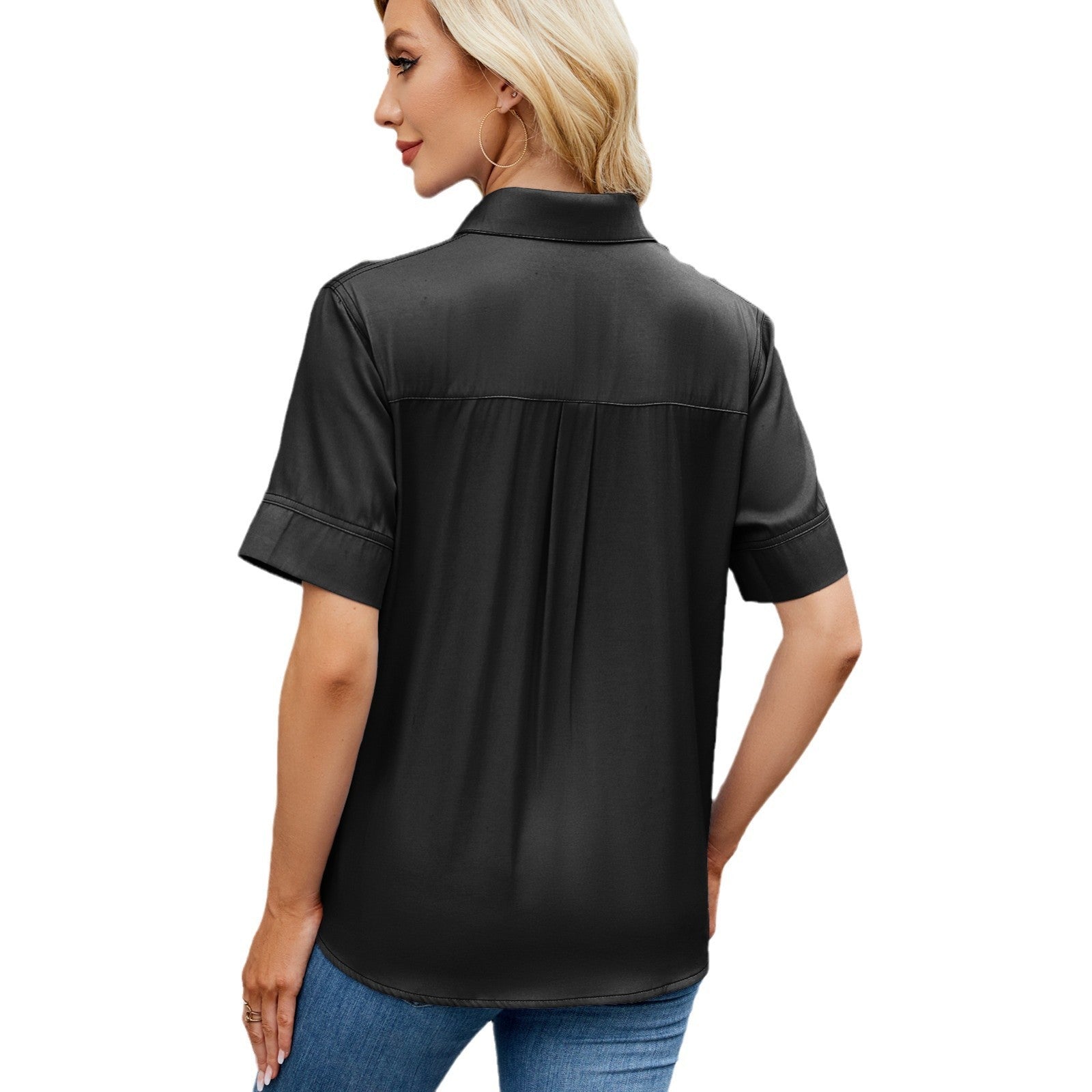 Women's One Breasted Faux Denim Short Sleeve Loose Shirt