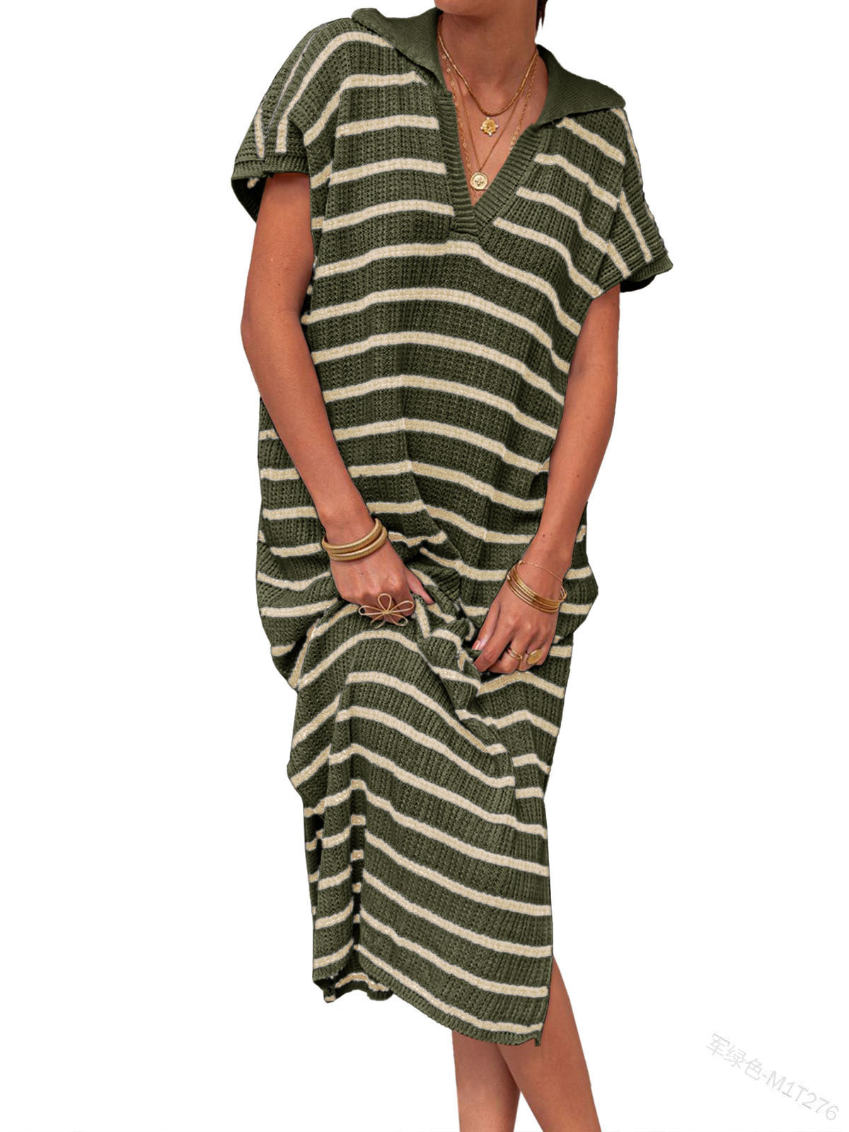 V-neck Striped Low Slit Lapel Long Dress Sweater