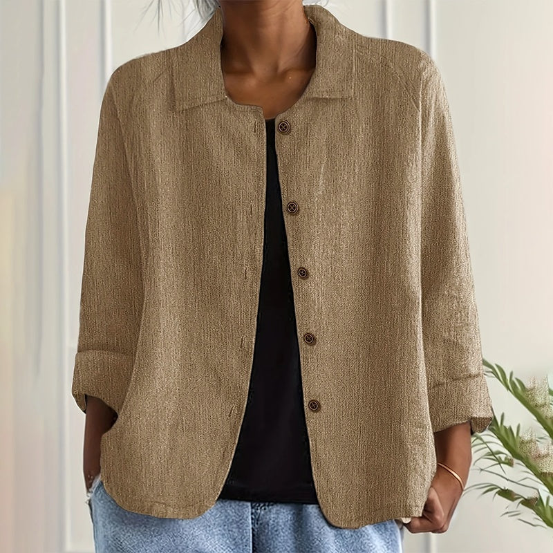 Women's Casual Long Sleeve Shirt - Solid Color Button-Down Shirt With Turn-Down Collar For Spring&Fall