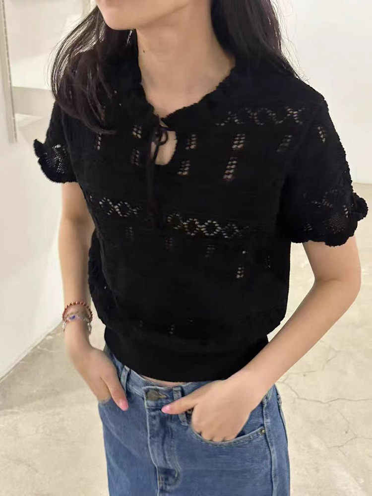 Hollow Stringy Selvedge Lace-up Knitted Top Women's T-shirt