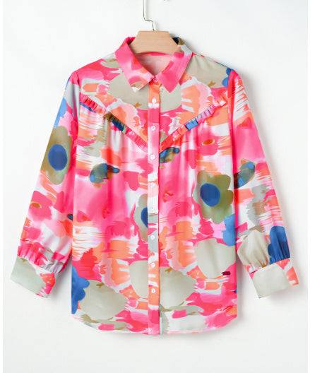 Rose Abstract Print Ruffled Puff Sleeve Shirt