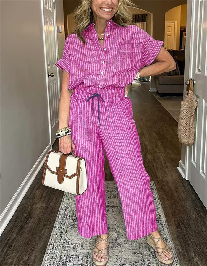 Women's Striped Suit Lapel Short Sleeve Straight Idle Style Trousers