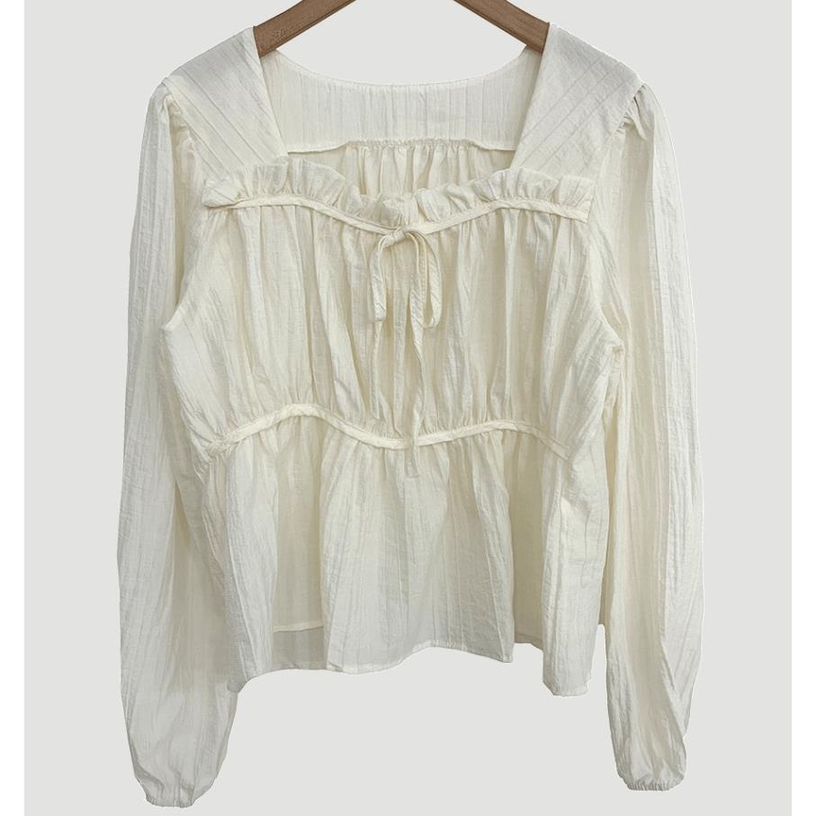 Retro Square Collar Lace Pleated Waisted Long-sleeved Shirt