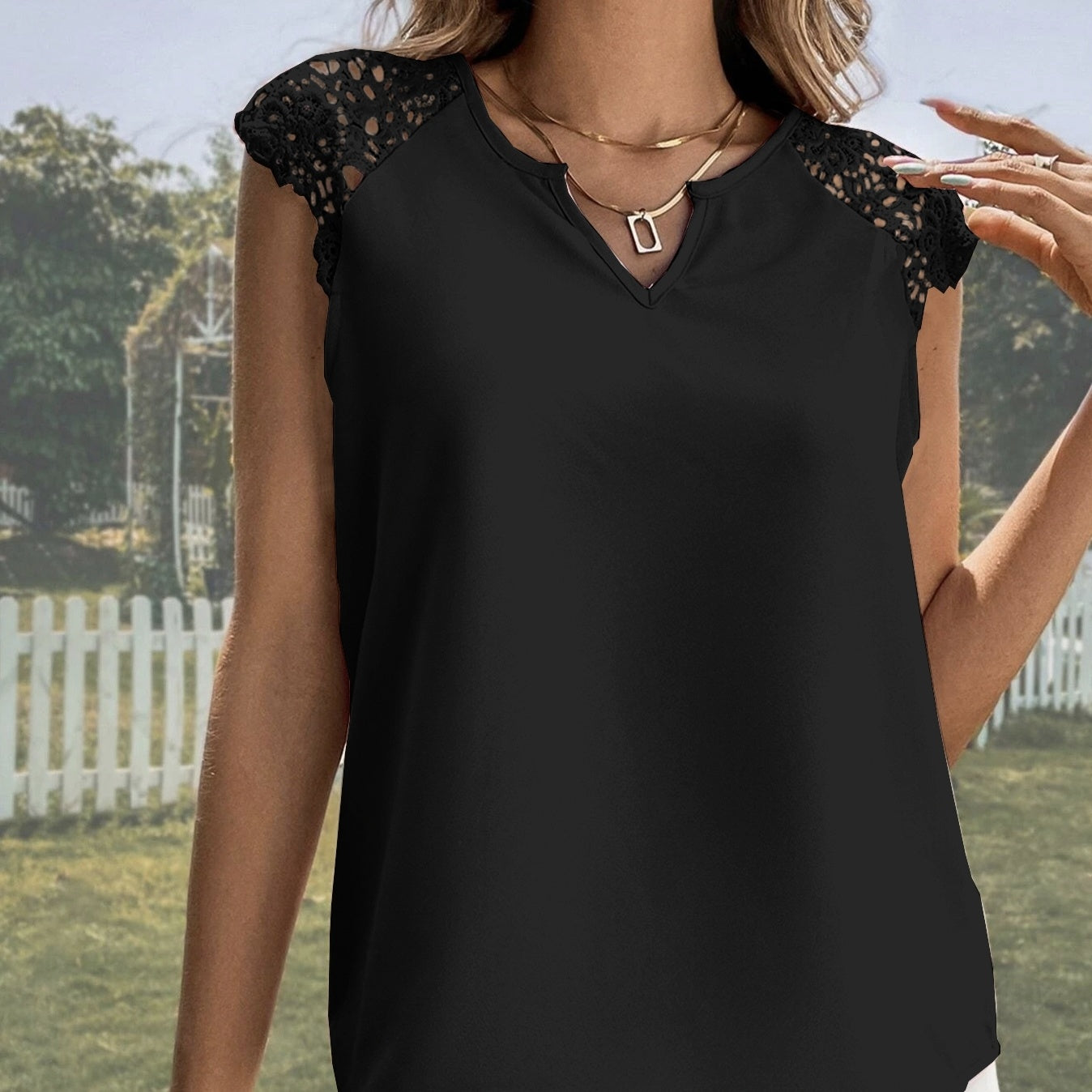 Ladies' Contrasting Lace Notch Collar Shirt With Lace Patchwork Cuffs, Solid Color Casual Top