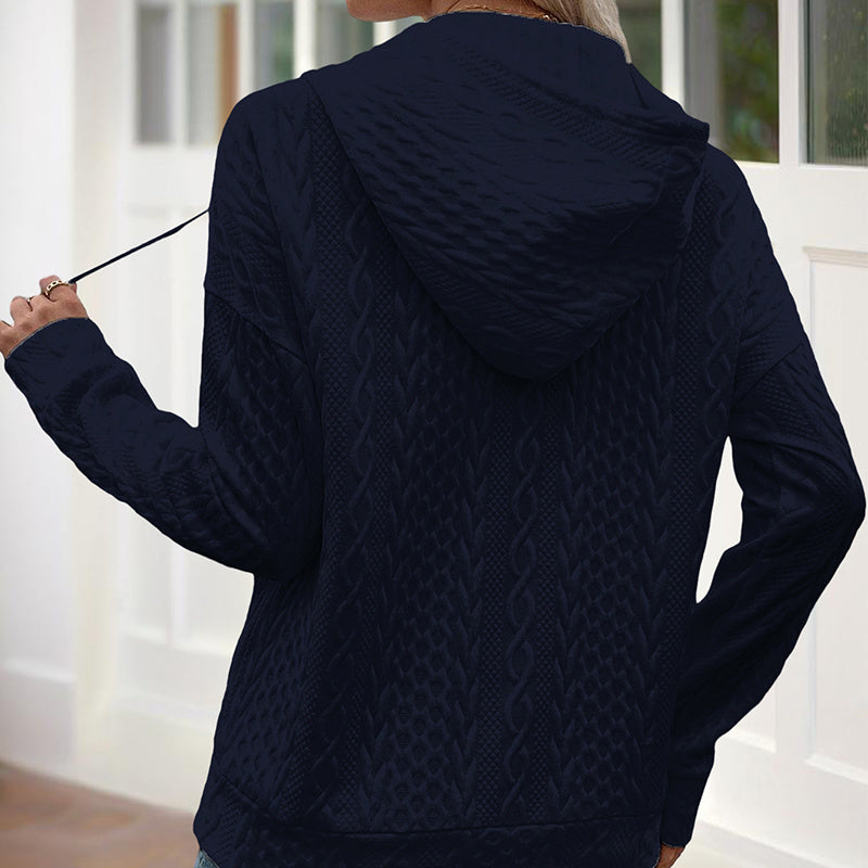 Women's V-Neck Solid Textured Long Sleeve Hoodie With Button Front & Kangaroo Pocket - Drawstring Hood Casual Pullover