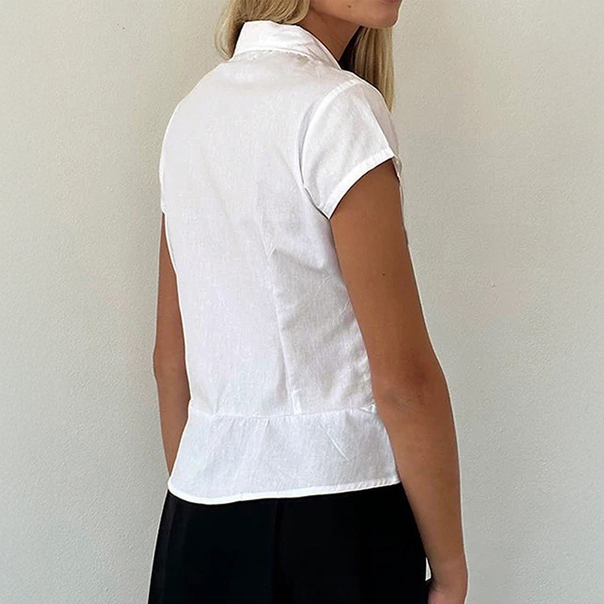 Casual Waist Tight Solid Color Short-sleeved Shirt Pleated Shirt Women's Clothing