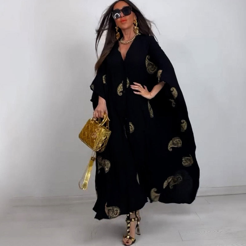 Personality V-neck Cardigan Robe Long Sleeve Dress