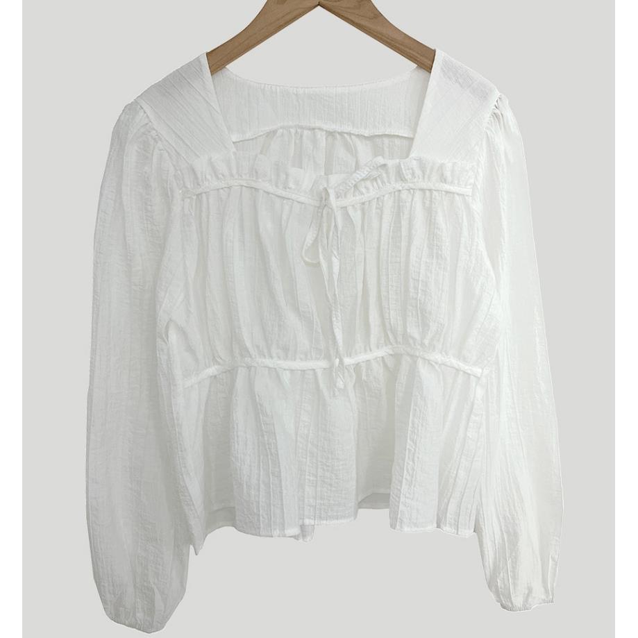 Retro Square Collar Lace Pleated Waisted Long-sleeved Shirt