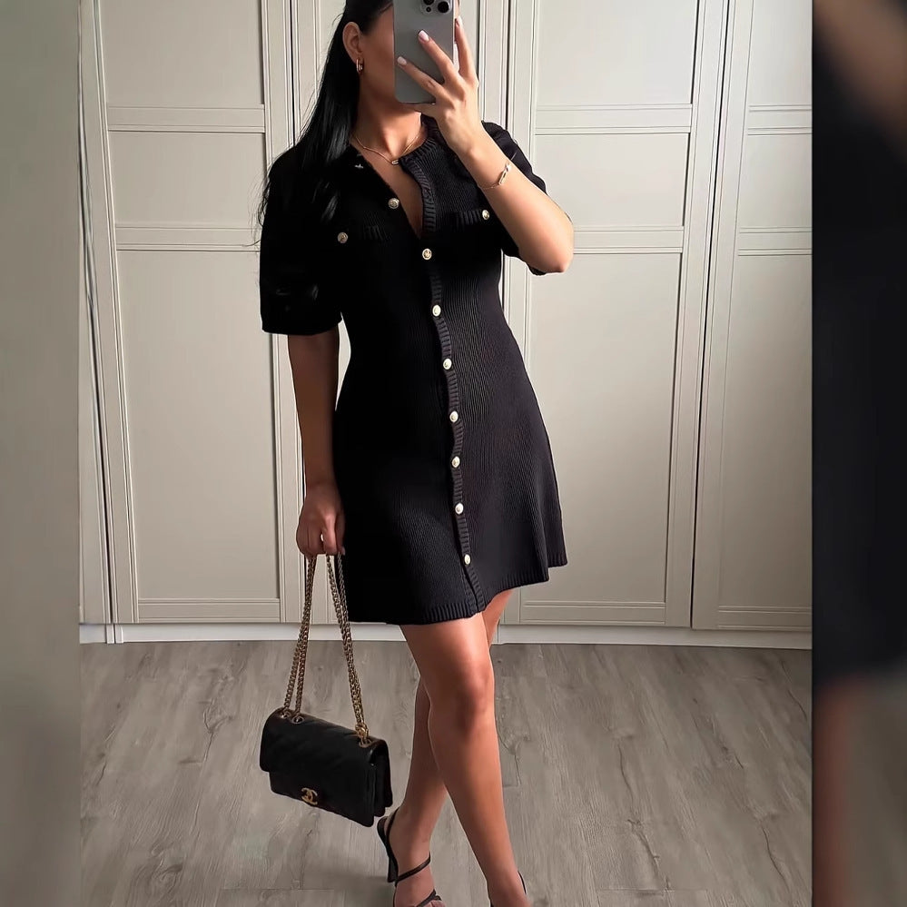 Women's Fashion Front Button Rib Knit Dress