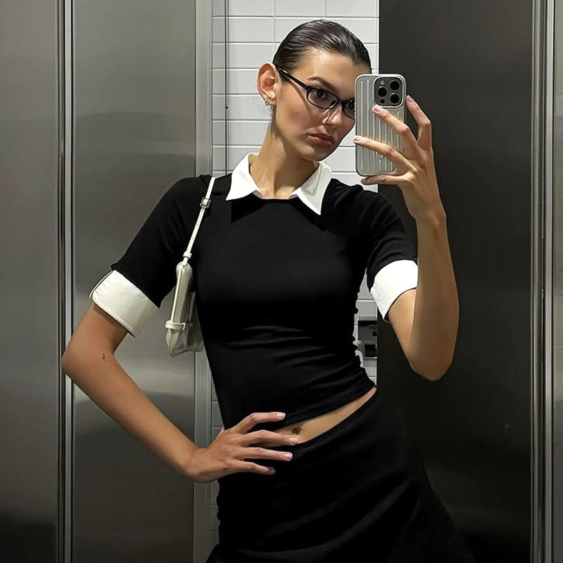 Temperament Commute Fake Two-piece Half Sleeve Shirt Slim Fit Fashion Tops
