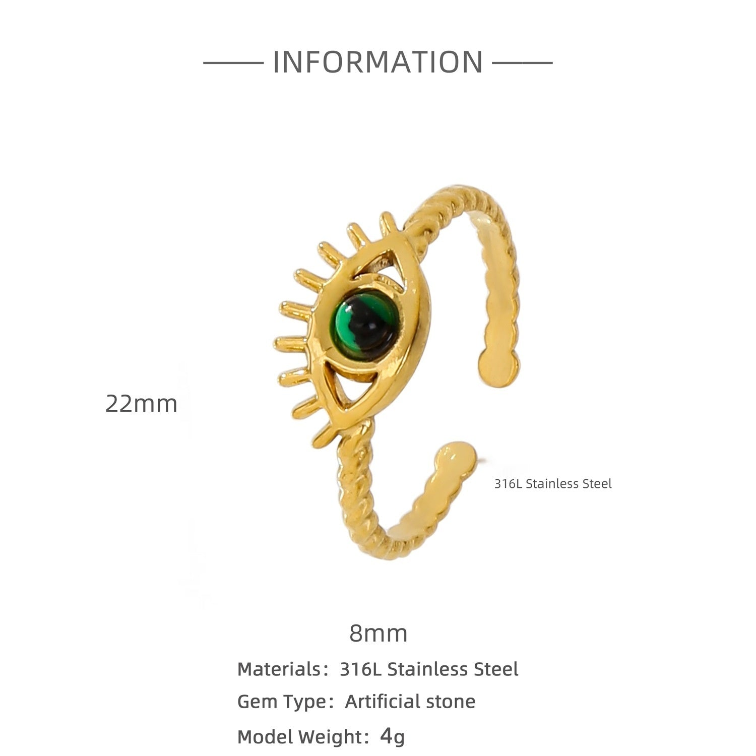 18K Gold Wisdom Eye Gemstone Inlaid Ring